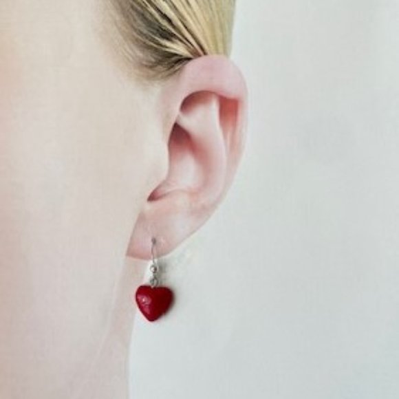 Red Heart Dangle Earrings with Silver Plated Hypoallergenic Ear Wire - Picture 3 of 4
